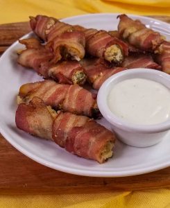 picture of cooked dairy free bacon wrapped jalapeno poppers