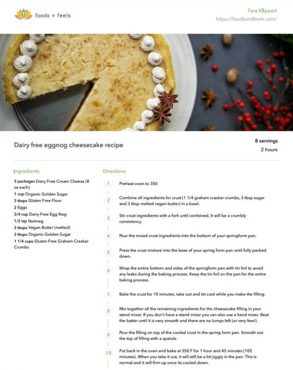 Printable version of dairy free eggnog cheesecake recipe