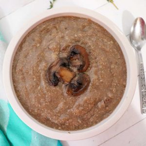 top down view of bowl of cream of mushroom soup