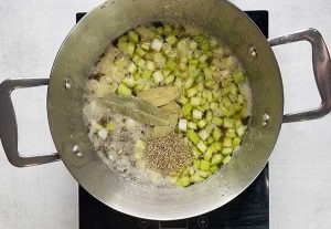 bone broth, split peas and seasonings in large pot