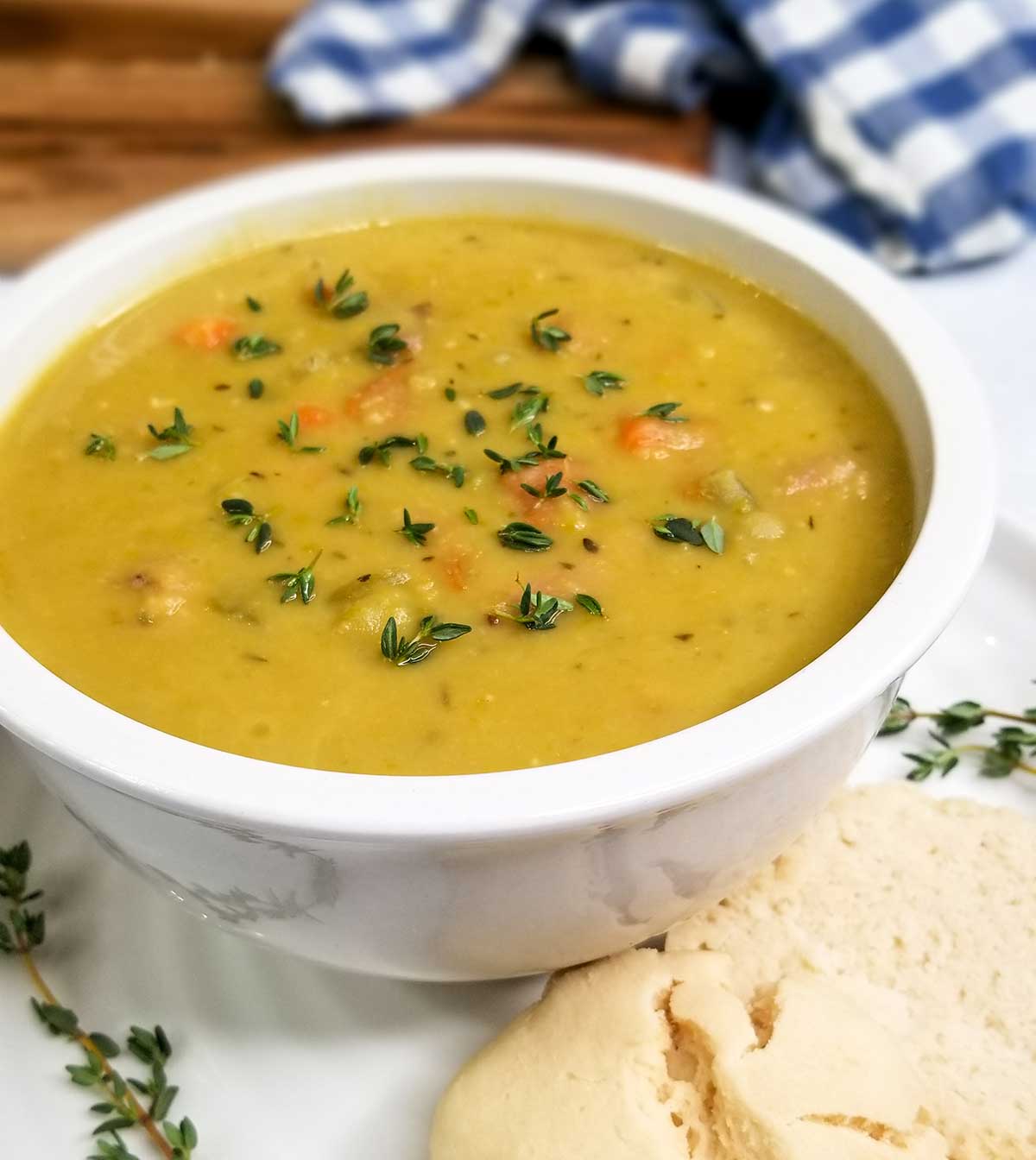 close up of ham bone split pea soup in bowl