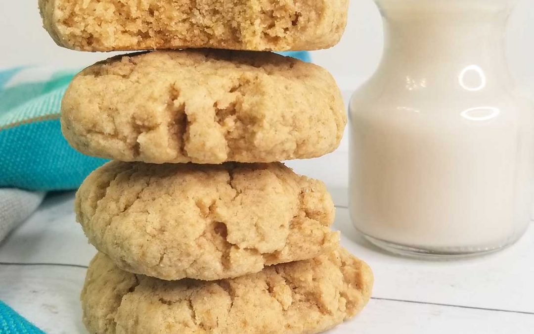 image of stacked cookies beside glass of dairy free milk
