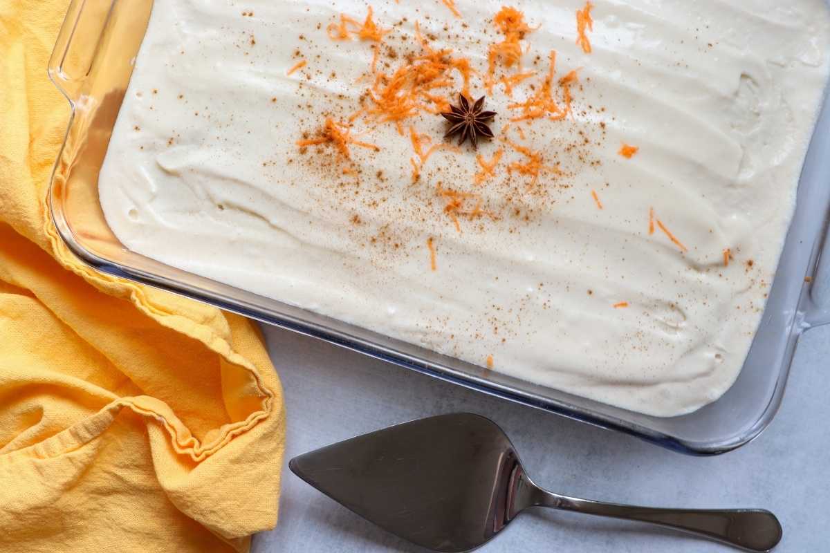 carrot cake in glass pan