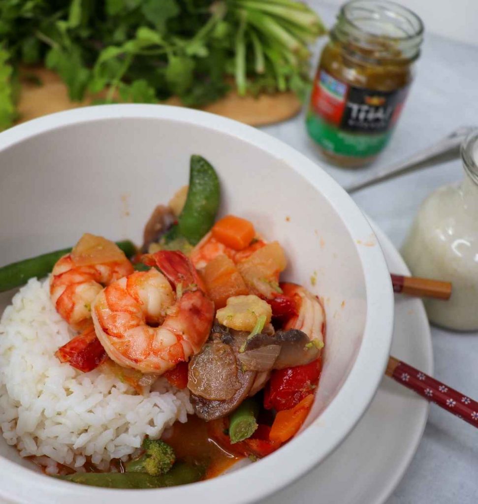 Thai green curry with shrimp (gluten & dairy free) in bowl 