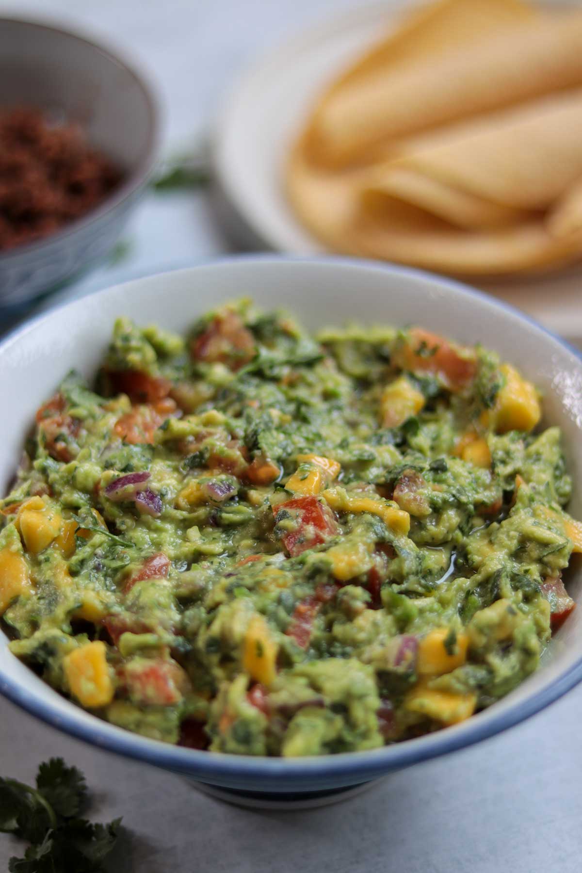 Mango avocado salsa with taco meat and shells in the background