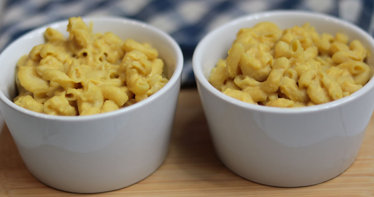 Two servings of mac and cheese from the front