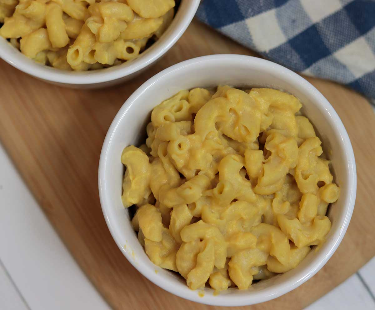 Overhead view of two servings of mac and cheese