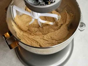 Both wet and dry ingredients mixed together in stand mixer