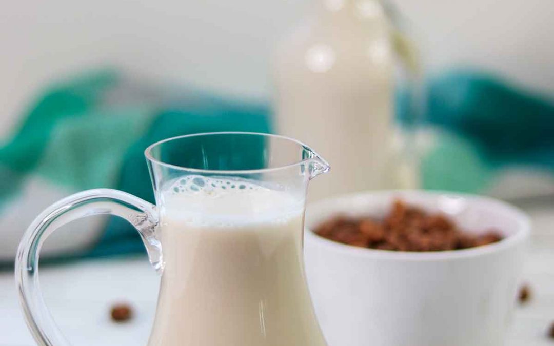 Pitcher of tiger nut milk with bowl of tiger nuts and bottle of milk behind it