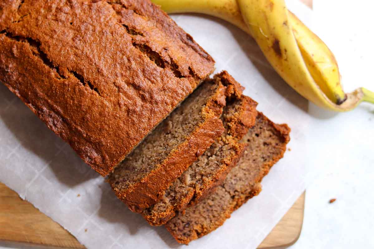 Over head view of sliced and stacked banana bread