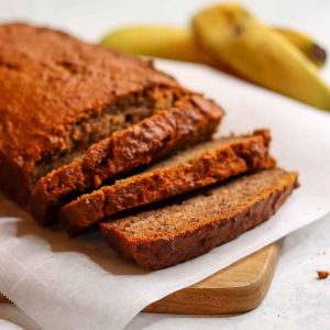 Side view of sliced up banana bread