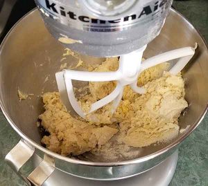 Both dry and wet ingredients being mixed together in stand mixer