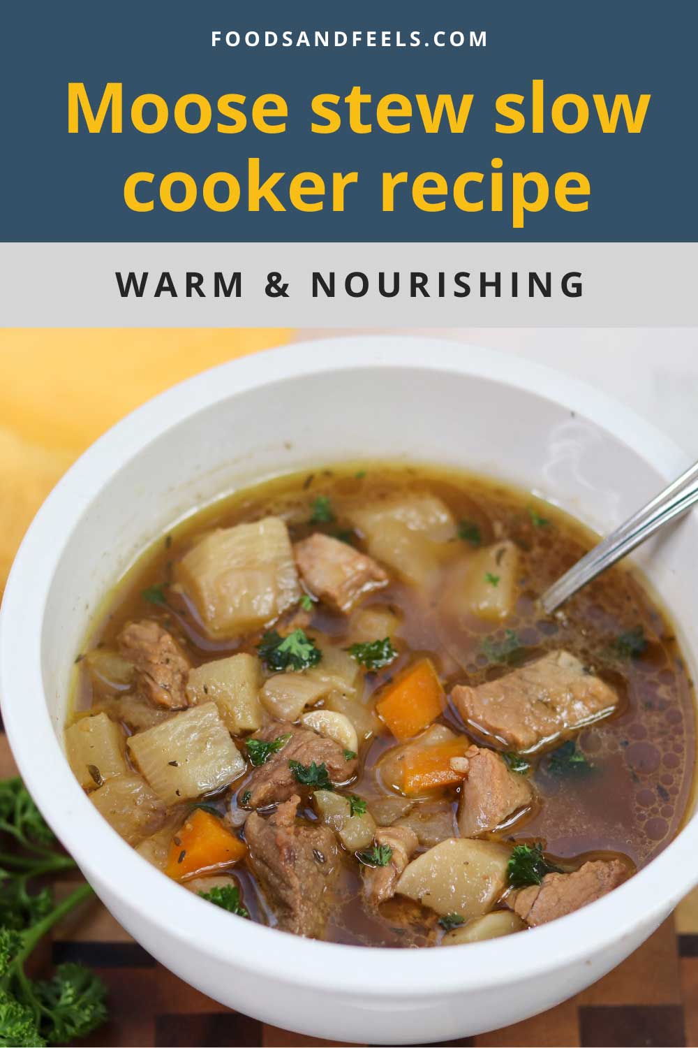 Pinterest image for Moose stew slow cooker recipe