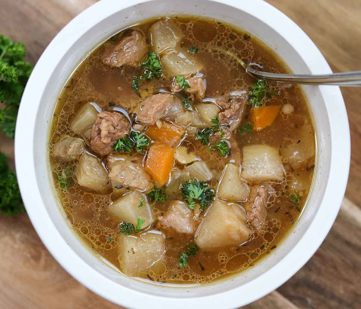 Overhead close up of moose stew in a bowl