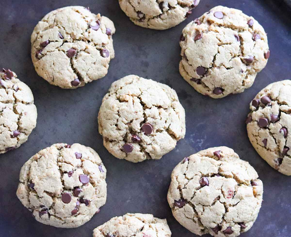 chocolate chip cookies evenly placed across a black back ground