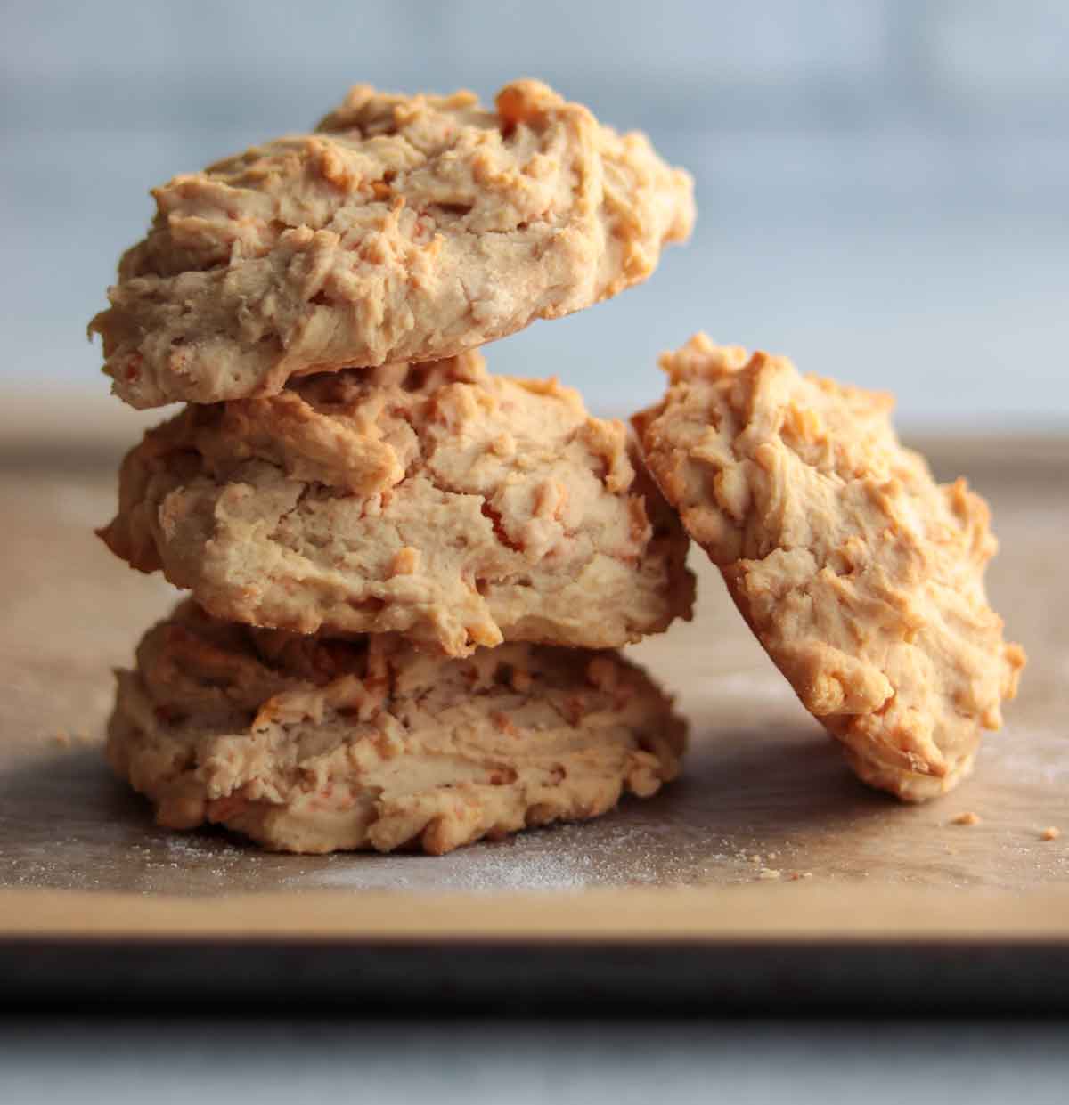 Dairy free cheese biscuits stacked on top of each other