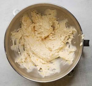 Mixed biscuit dough in metal mixing bowl