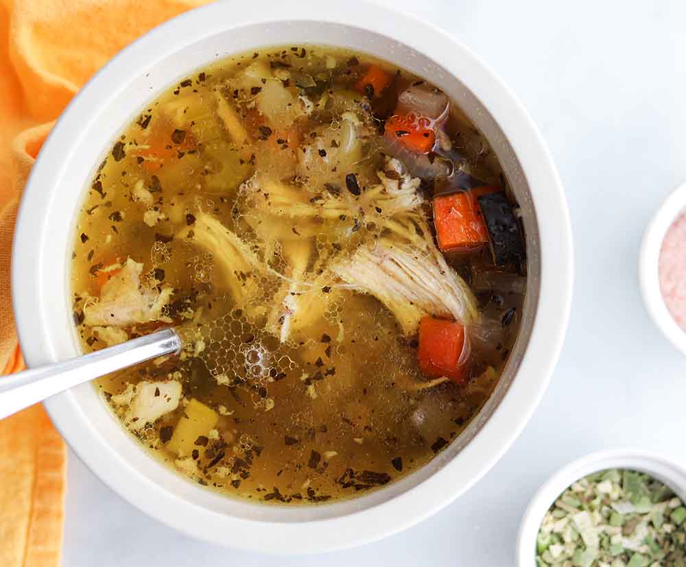 Overhead view of crockpot chicken soup