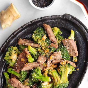 Close up overhead view of beef and broccoli skillet