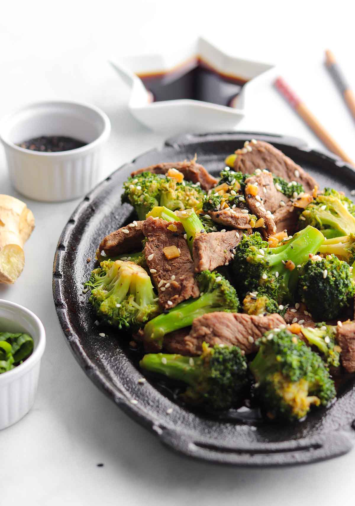 Overhead side view of beef and broccoli skillet