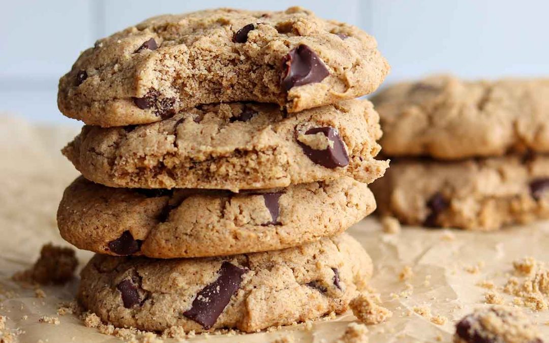 Stacked and partly eaten tigernut flour chocolate chip cookies