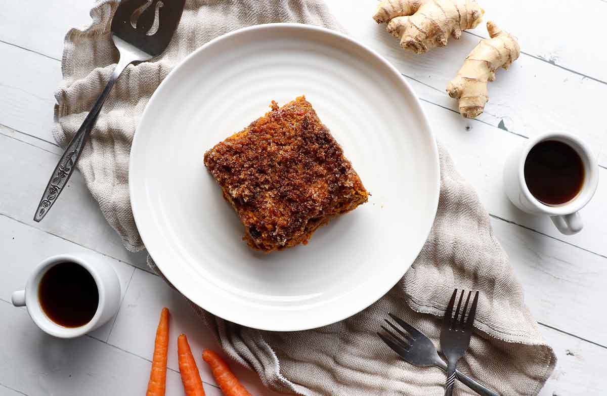 overhead view of apple ginger carrot tiger nut cake