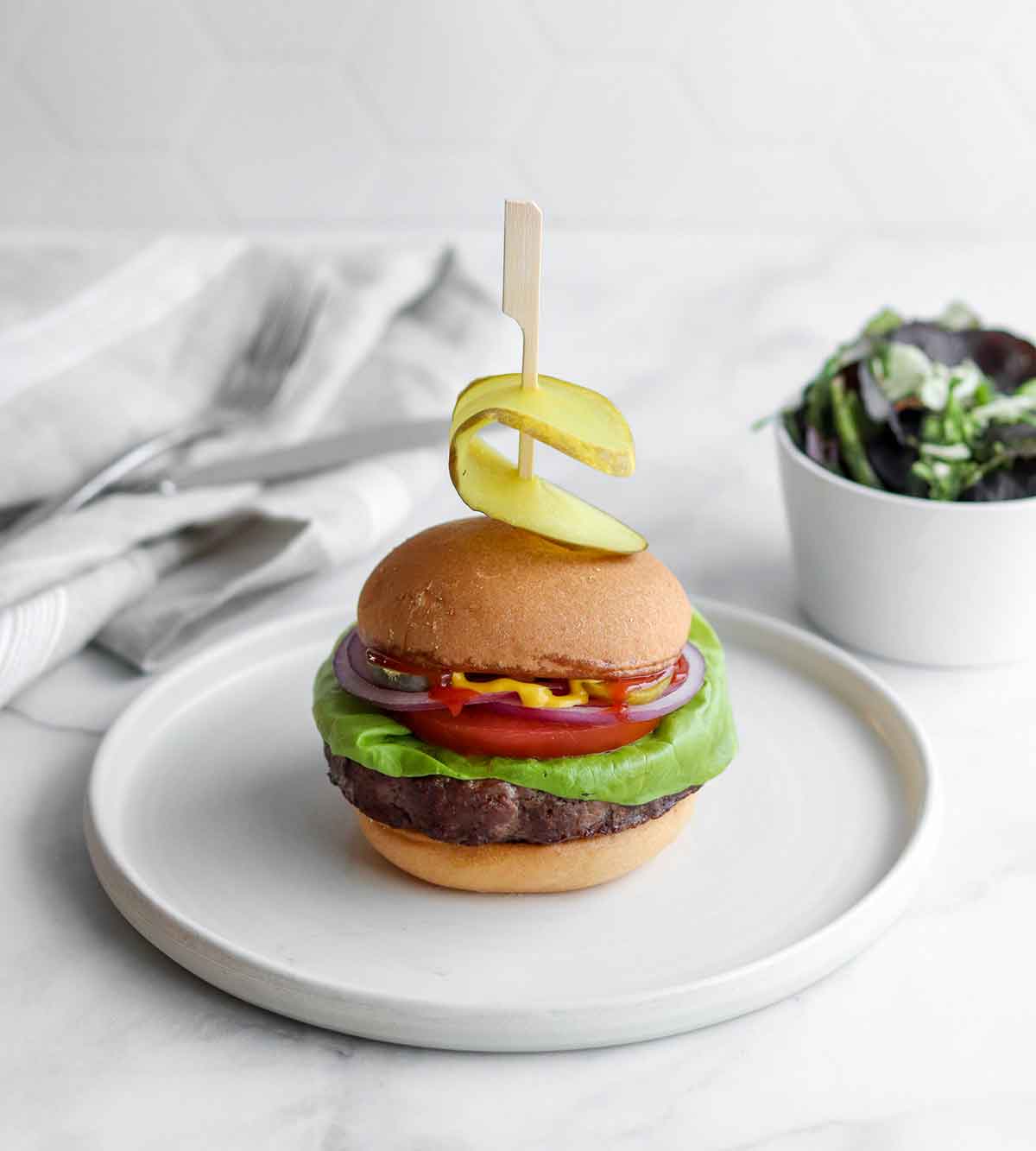 Elk buger with a clean white back drop sitting on a modern ceramic plate