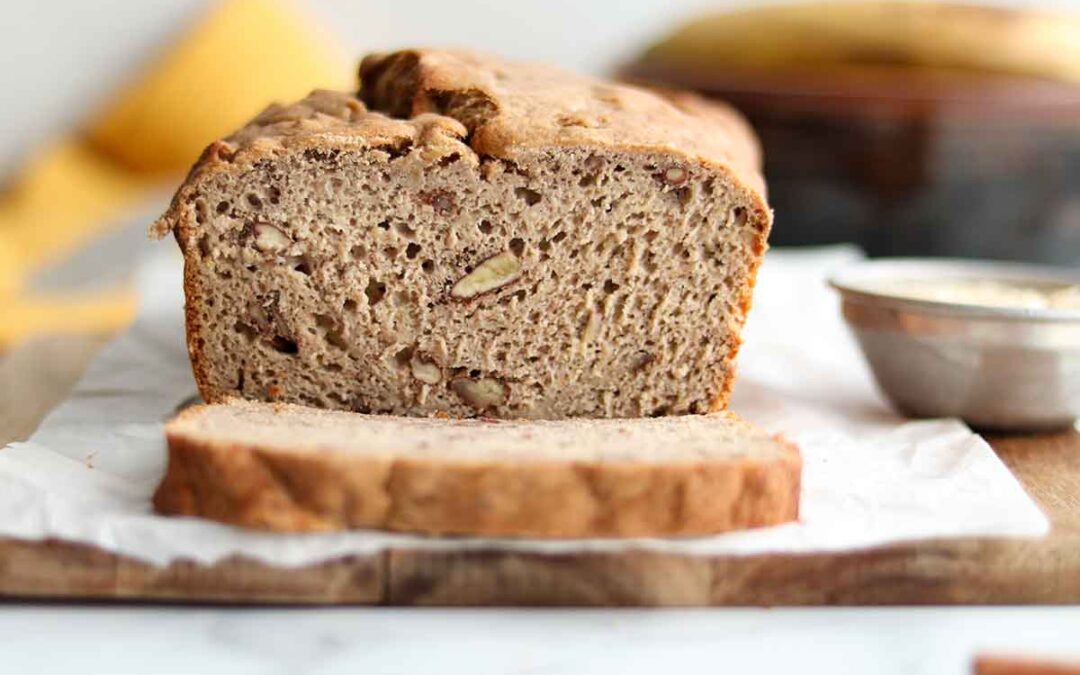 Close up view of sliced banana bread loaf