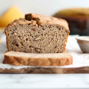 Close up view of sliced banana bread loaf