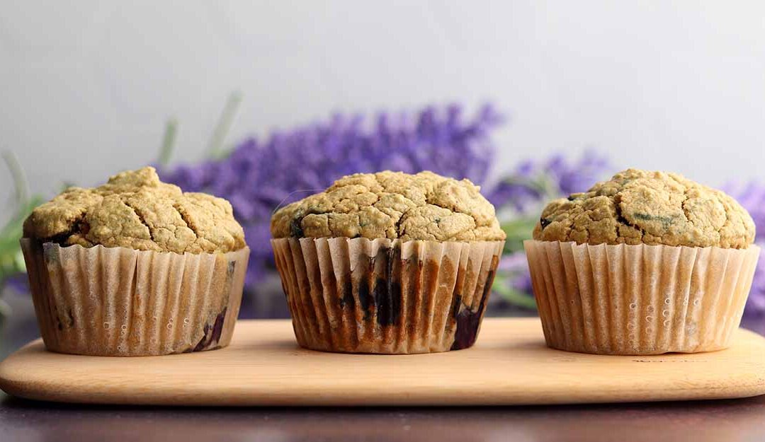 Three blueberry oat muffins lined up next to each other and placed in front of a bunch of lavender