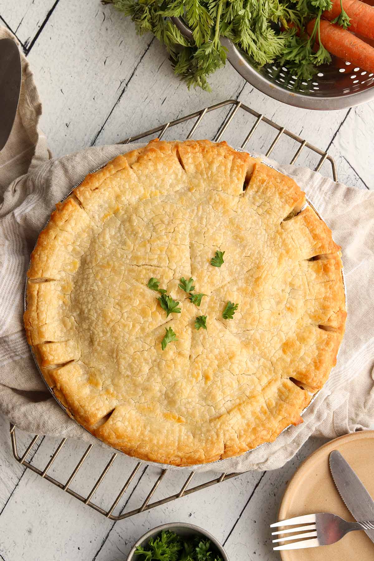 Close up overhead view of gluten free dairy free chicken pot pie with golden brown edges and topped with chives.