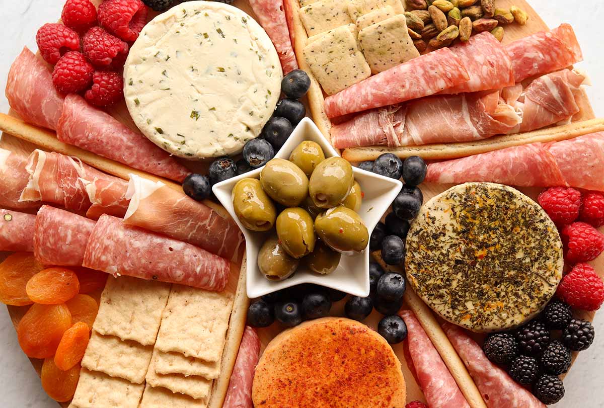 Full view of dairy free gluten free charcuterie board