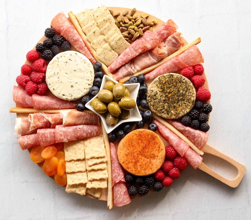Overhead view of gluten free dairy free charcuterie board