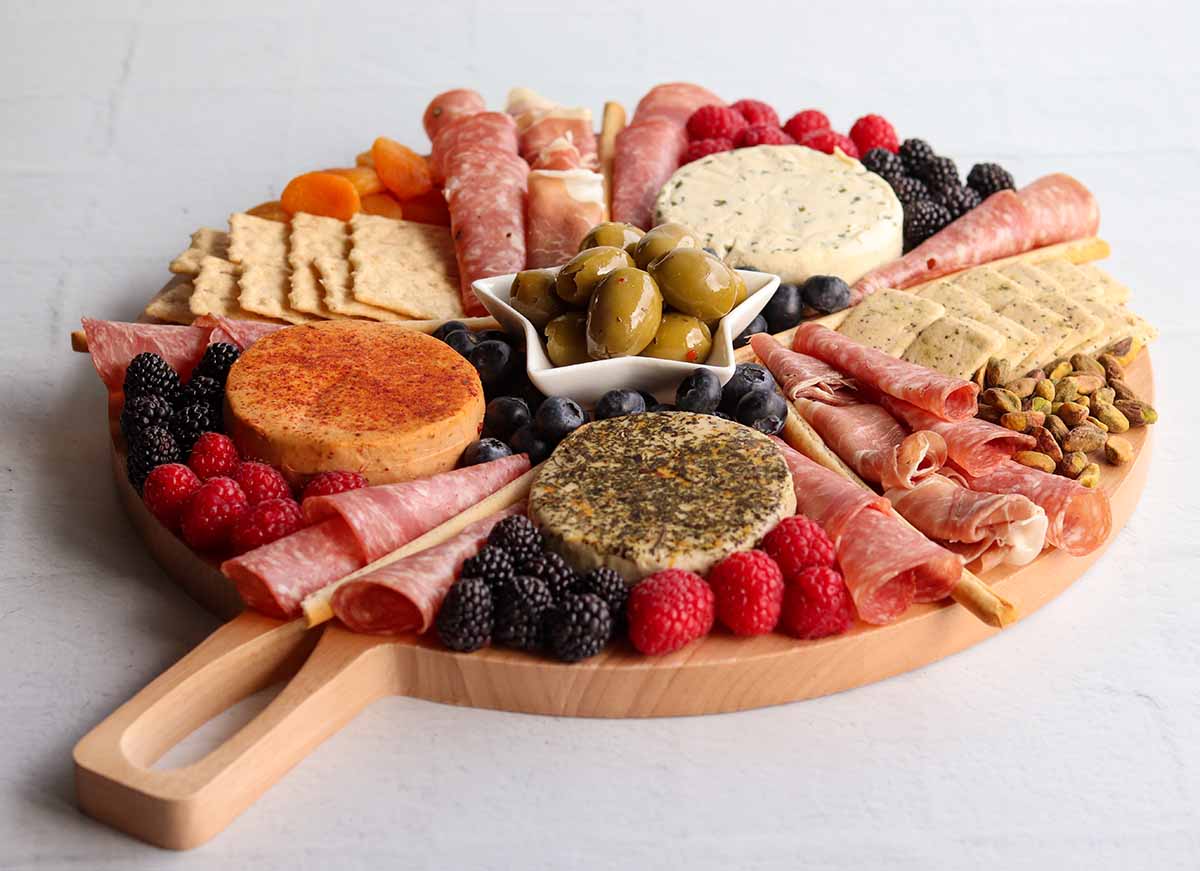 Zoomed out side view of gluten free dairy free charcuterie board