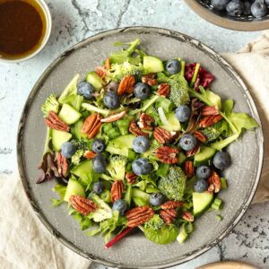 Overhead view of blueberry pecan summer salad