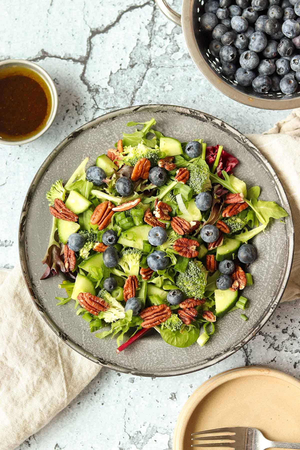 Overhead view of blueberry pecan summer salad