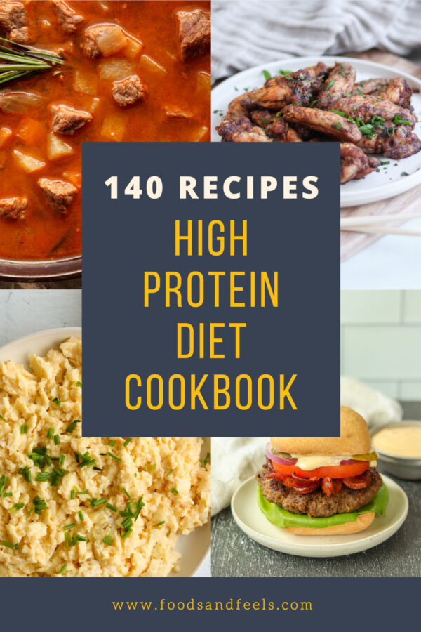 cover image for high protein diet cookbook showing 4 meals