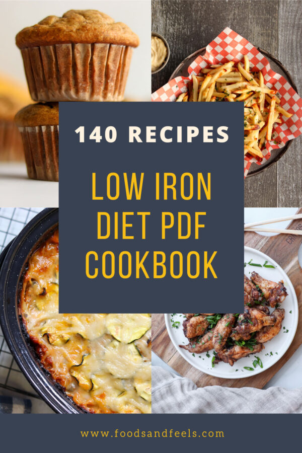 cover image for low iron cookbook showing 4 different dishes
