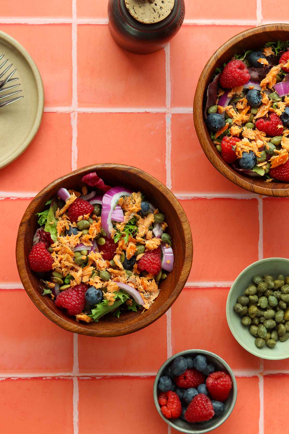 Overhead view of colourful salmon salads